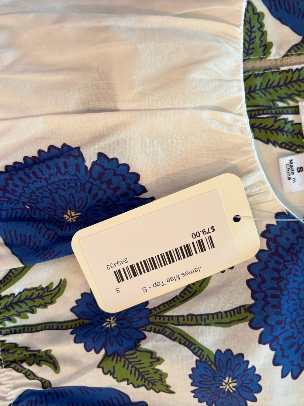 THML Blue Floral Women’s Top with Green Leaves on White